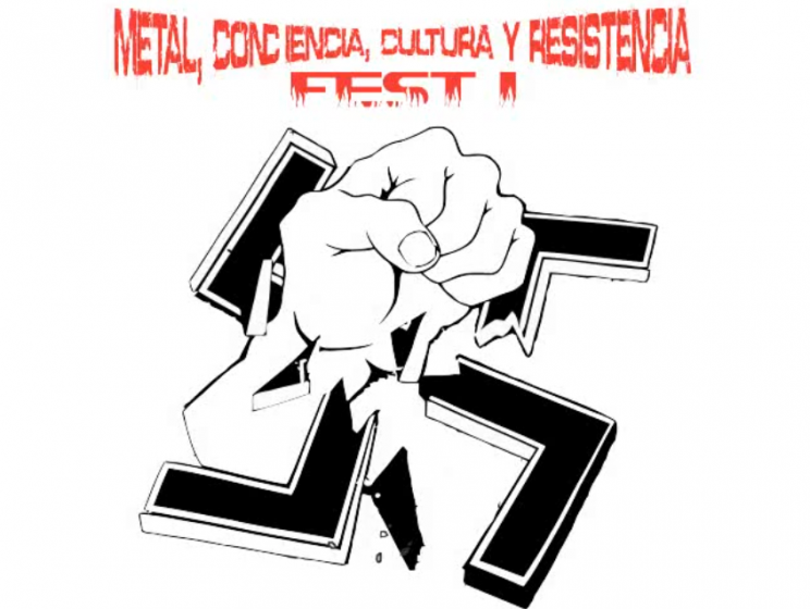 logo for "Metal, Conciencia, Cultura y Resistencia Fest I" contains an illustration of a fist punching through a swastika.