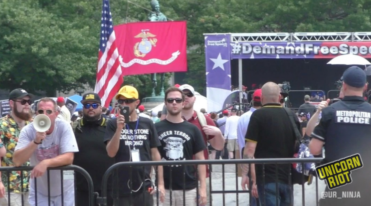 "Sheer Terror Proud Boys" shirt spotted at July 6, 2019 “Demand Free Speech” rally in Washington, D.C. Sheer Terror is an anti-racist hardcore punk / metal band from NYC.