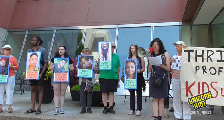 NoCagesMN protesters hold a public memorial for children who have died in custody of US border patrol and related private detention centers.