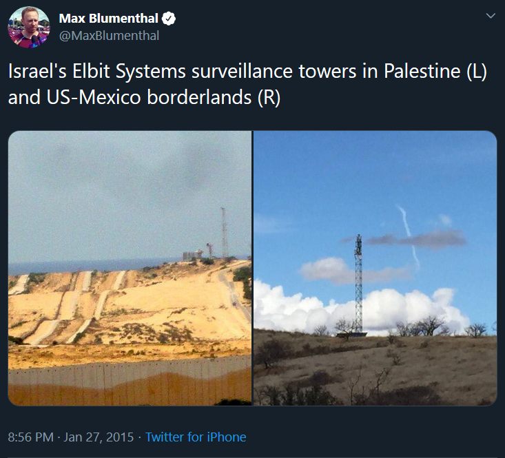 Two photos side-by-side showing a surveillance tower in Palestine (L) and on the Mexico-US borderlands (R), both built by Elbit Systems 