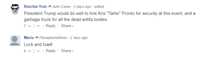 comments left on a right-wing media site making use of the phrase "dead antifa bodies" & "lock and load"