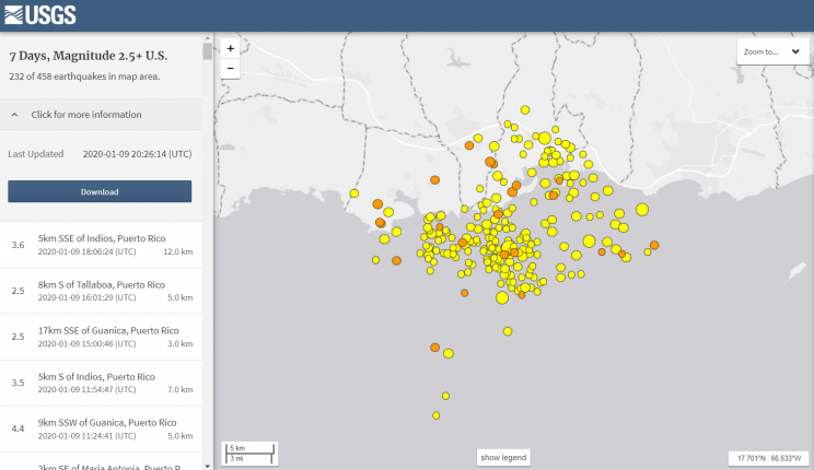 image display of 200+ locations of 2.5 M and greater earthquakes within the past 7 days in Puerto Rico