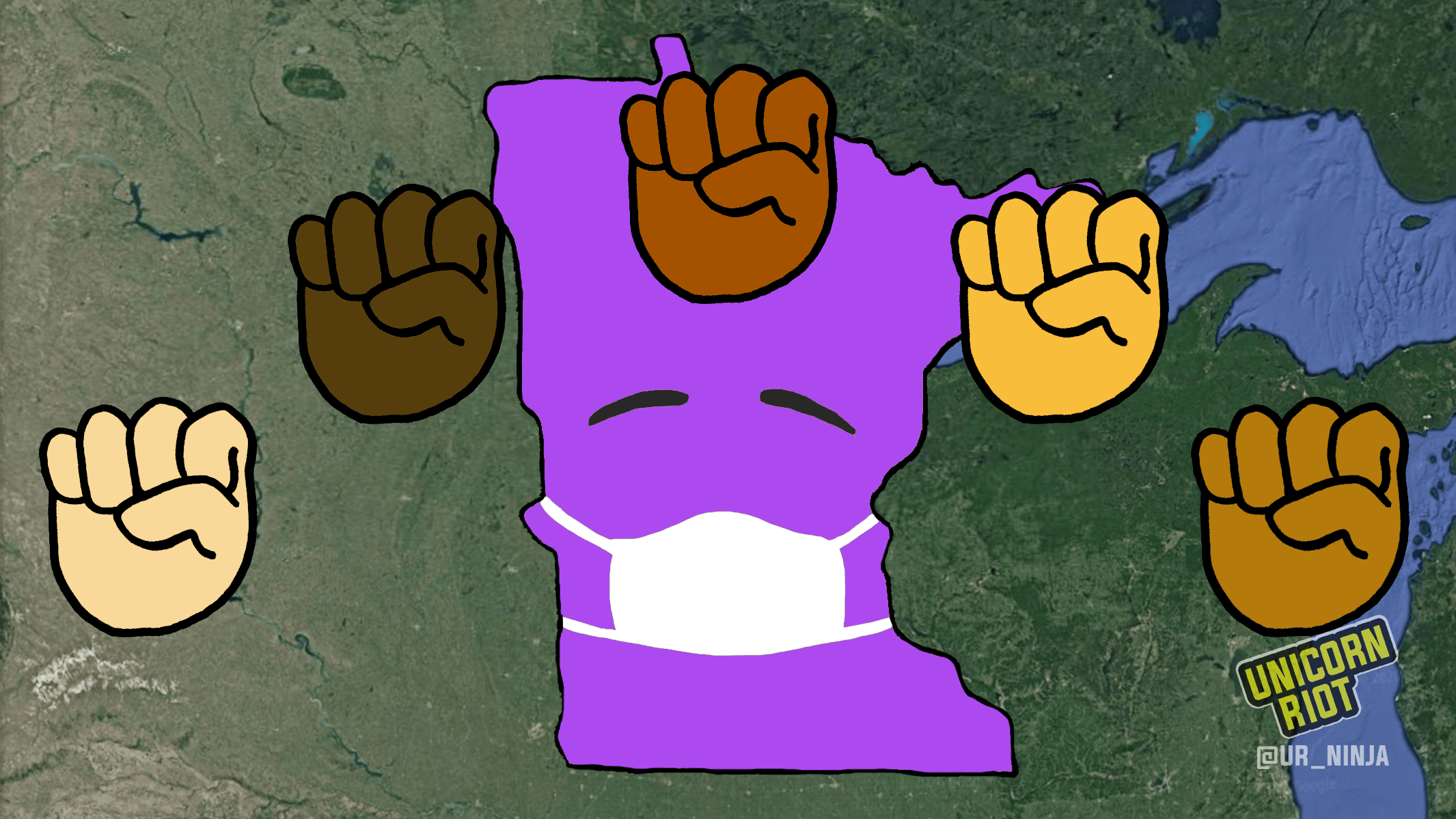 image shows the state of Minnesota silhouetted in purple, wearing a face mask. Five raised fists appear in an arc above the image.