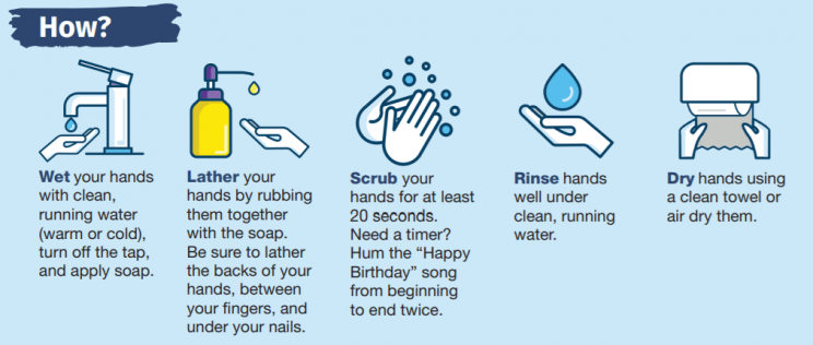 Image describes the steps of proper handwashing: wet hands with clean water; apply soap; lather hands by rubbing them together (palms, backs of hands, between fingers, and under nails); scrub hands for at least 20 seconds; rinse hands under clean, running water; and air-dry hands or use a clean towel. Image from CDC.