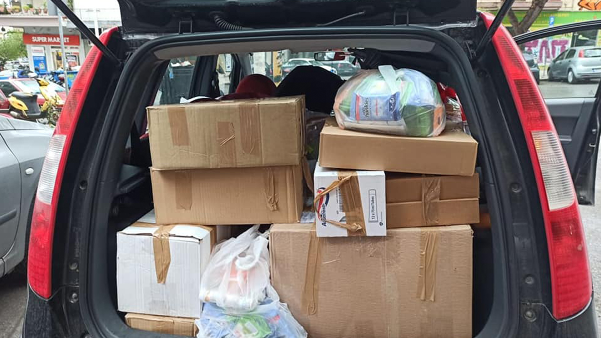 Car packed with supplies for women detainees at Petrou Ralli