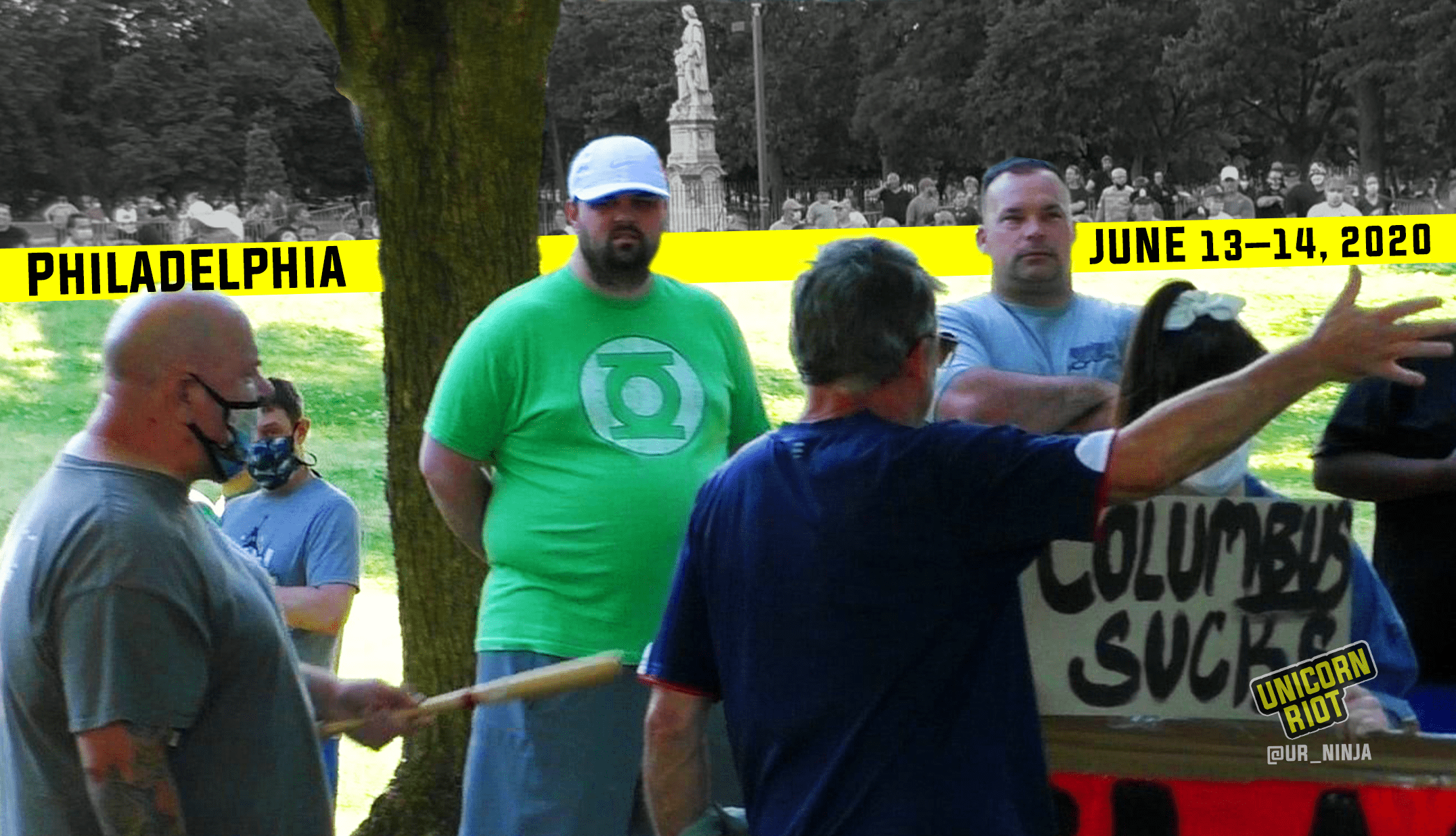 image: South Philly residents confront anti-racist community members, one of whom has a sign "Fuck Columbus." A man is gesturing at her with a bat. Above the scene is a yellow bar with date & location, Philadelphia, June 13 - 14, 2020. In the background as a composite, a crowd is gathered around the Columbus statue in Marconi Plaza in South Philly.