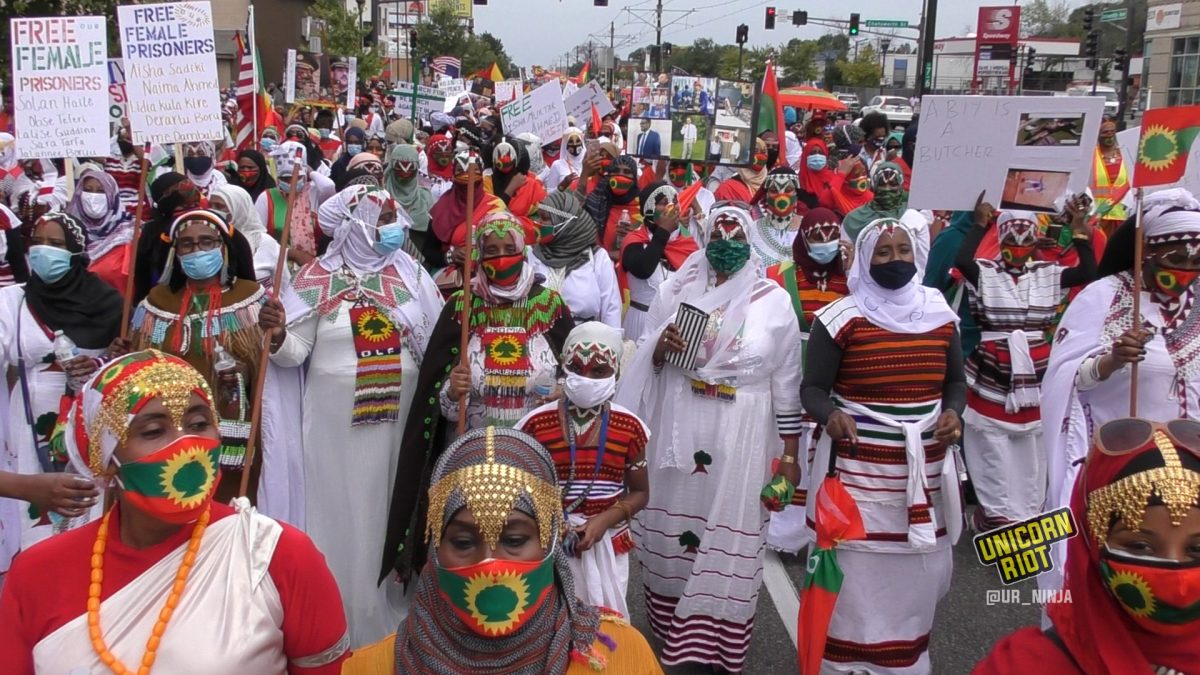 Oromo women marching down University Ave. in Saint Paul (Photo taken August 7, 2020)