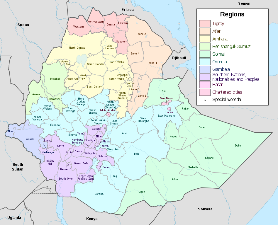 image: the country of Ethiopia divided into regions and zones.