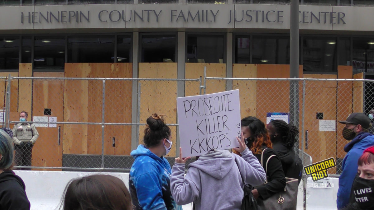 protesters gathered outside courthouse of george floyd hearing