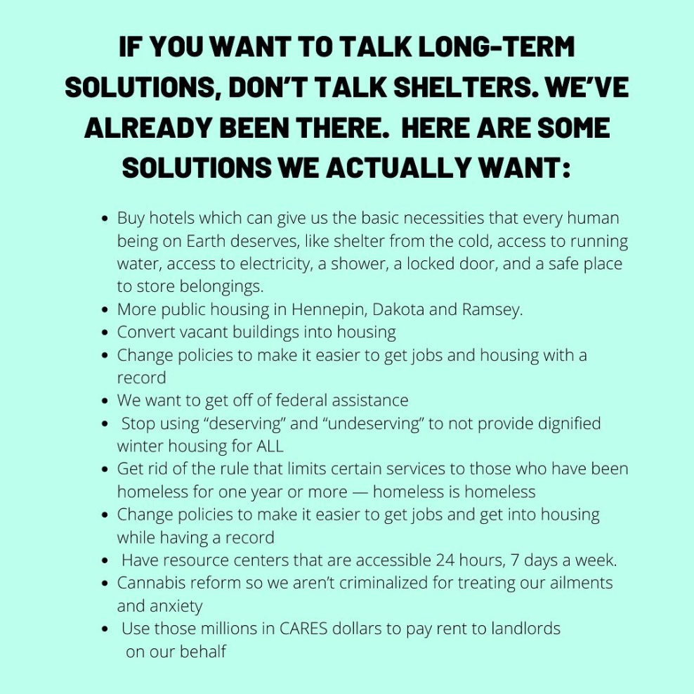 image: a selection from the open letter sent on October 26. "If you want to talk long-term solutions, don't talk shelters. We've already been there. Here are some solutions we actually want" is listed at the top of a list of more than ten suggested ways forward out of the current housing crisis.