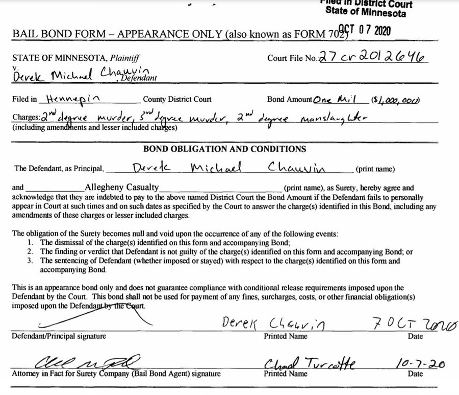 Derek Chauvin bail bond form