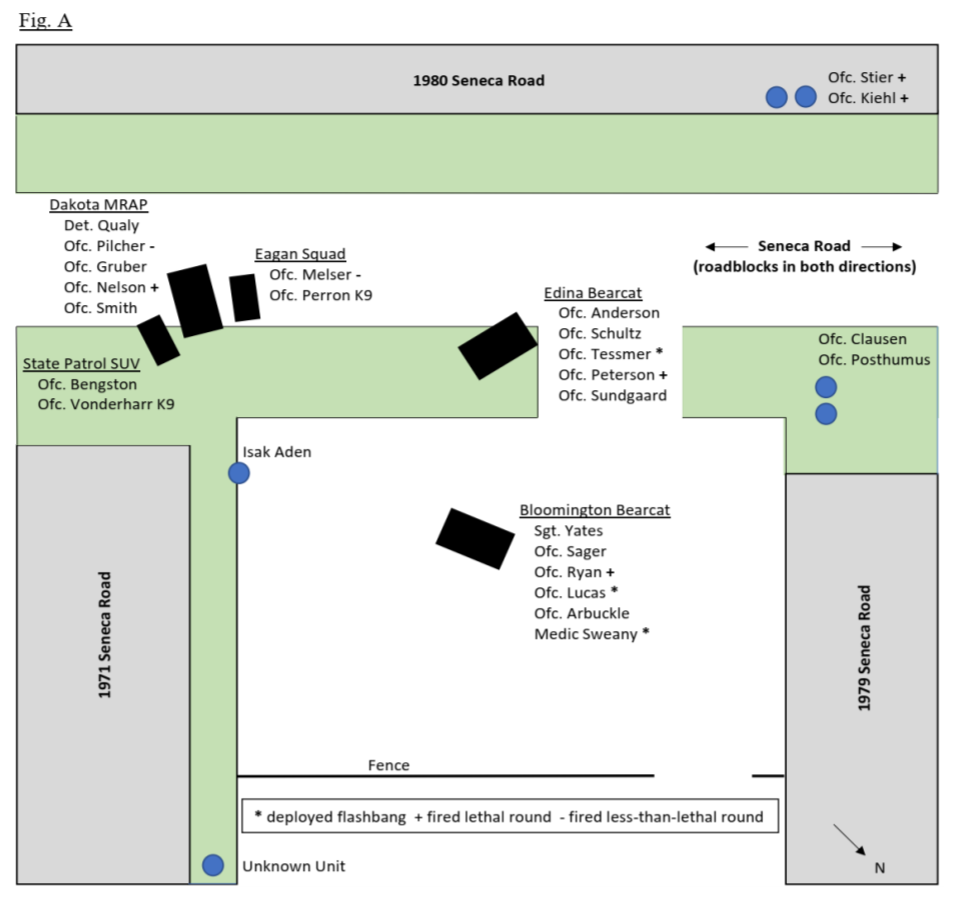 Layout of the scene of officers surrounding Isak Aden with snipers on the roof