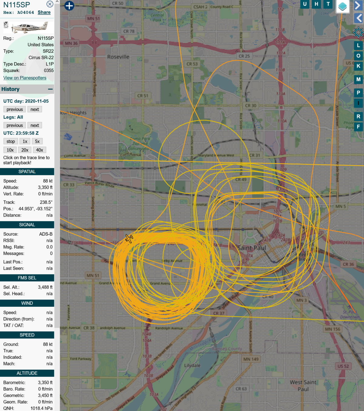 N115SP flight path on November 5, 2020