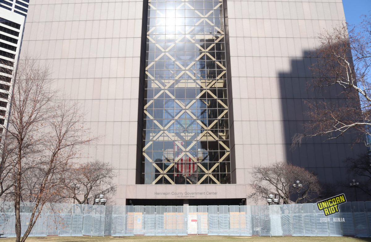 fences surround Hennepin County Government Center for Derek Chauvin Trial