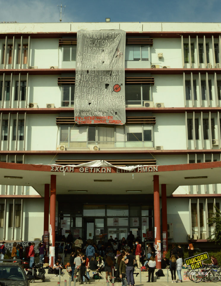 Student assembly in front of the occupied science school