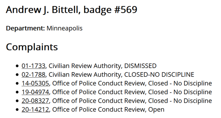 Sgt. Bittell has six known complaints in Communities United Against Police Brutality's Police Complaint Look-Up