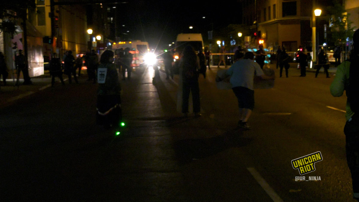 The green lasers were used on June 3 against protesters angry about the news of Winston Smith’s death at the hands of the federal task force. When a group of protesters approached the police line that formed before the crowd was dispersed, an officer turned his laser on and pointed it at at least three people. That was the first time our reporters have seen police use lasers against protesters in Minneapolis in the last six years. (Protesters who have allegedly pointed laser pointers at police have been repeatedly arrested and charged.)