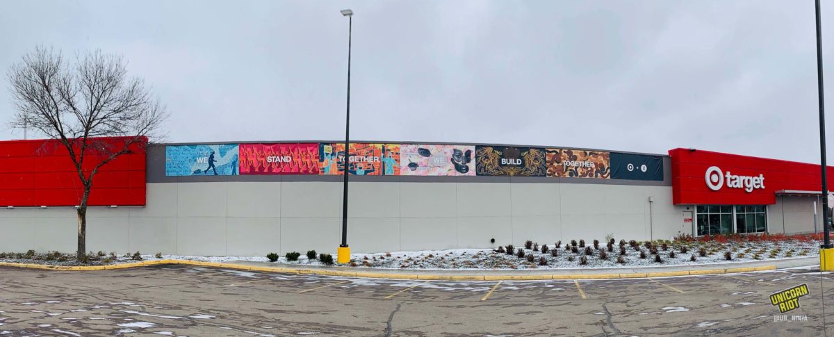 New mural created by JXTA outside the East Lake street Target store in South Minneapolis, across the street / Photo by Marjaan Sirdar 