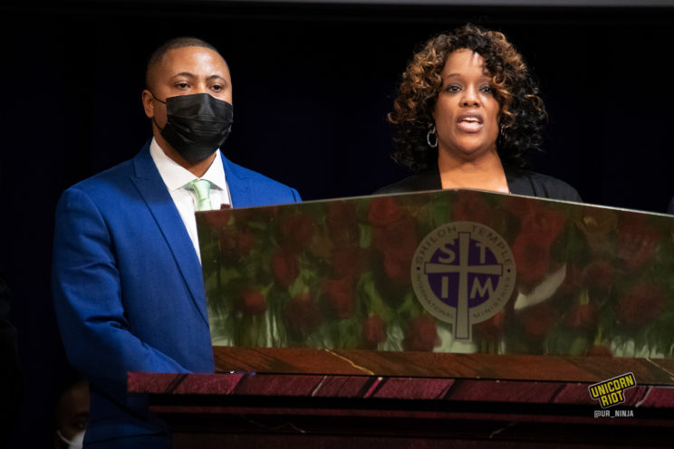 February 17, 2022, Minneapolis, MN: Standing next to Andre Locke, the father of Amir; Karen Wells, the mother of Amir Locke speaks.