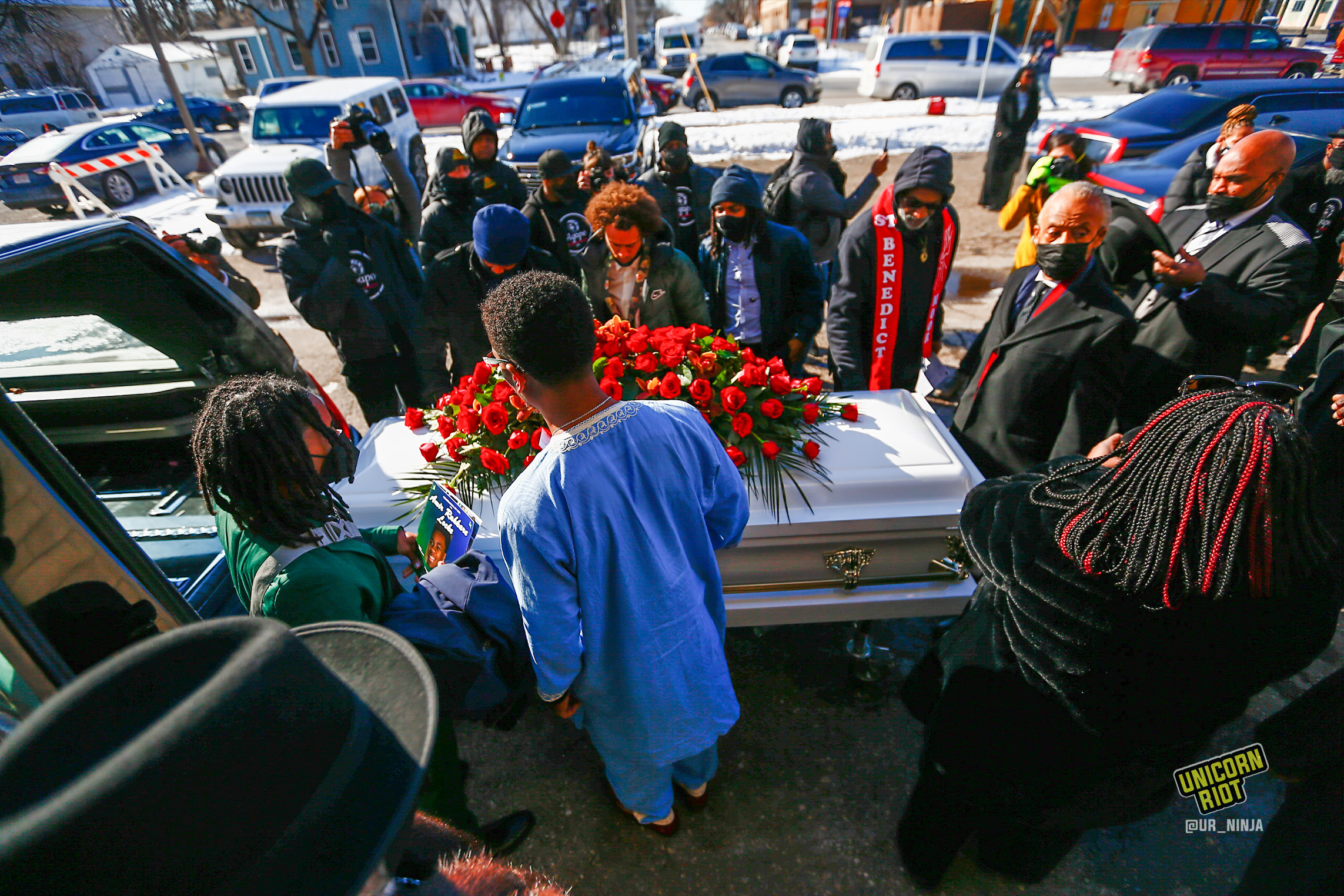 February 17, 2022, Minneapolis, MN: The casket containing Amir Locke is loaded into the hearse outside of Shiloh Temple.