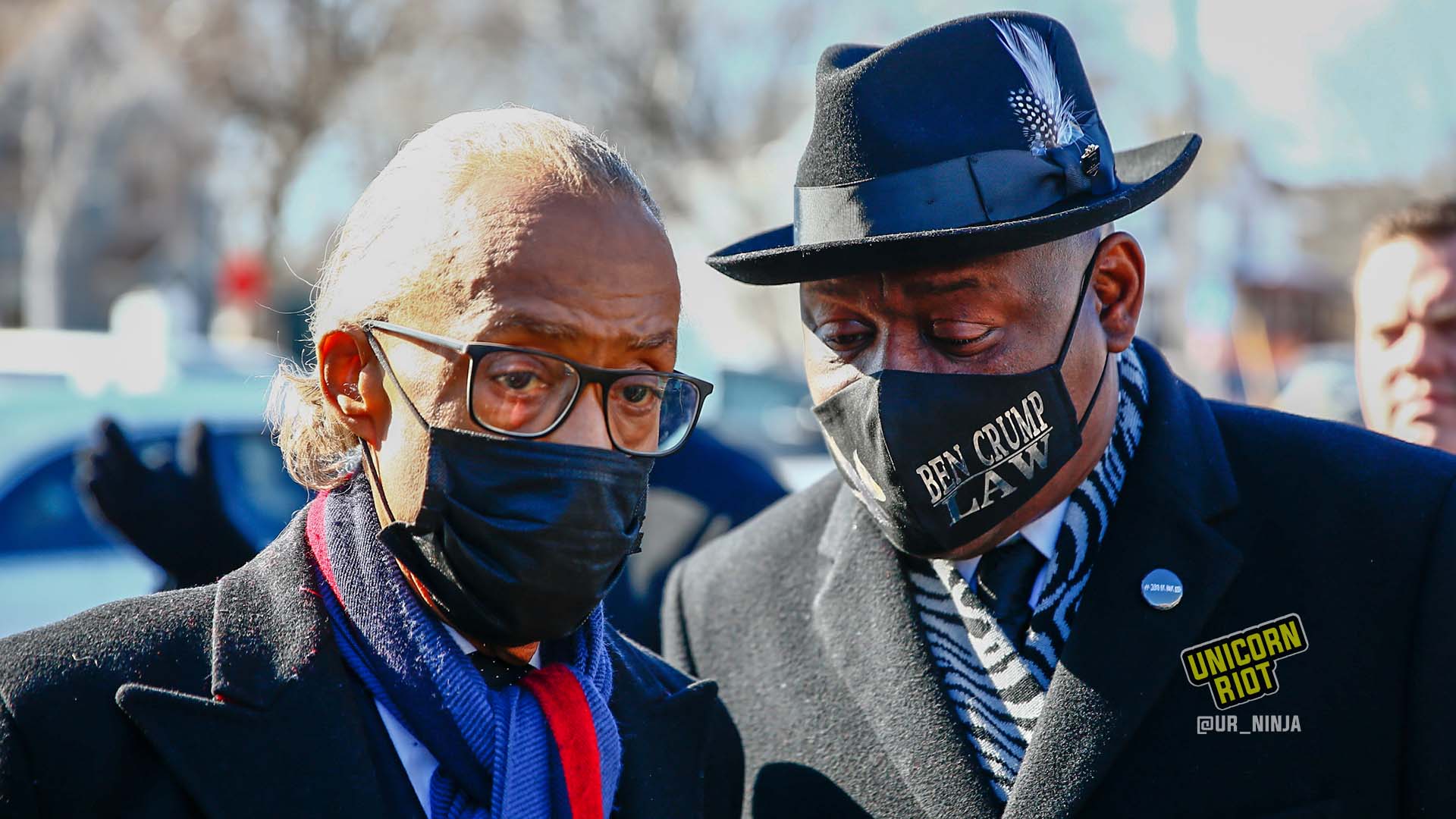 February 17, 2022, Minneapolis, MN: Attorney Benjamin Crump and Rev. Al Sharpton stand outside of Shiloh Temple before the start of the funeral for Amir Locke.