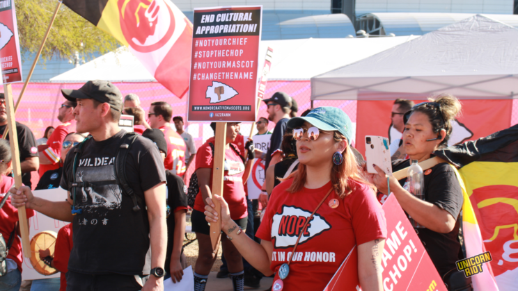 Protestors outside Super Bowl LVII demonstrated that Kansas City drop its team name "Chiefs" on Sunday, February 12, 2023. Photo taken by Darren Thompson.