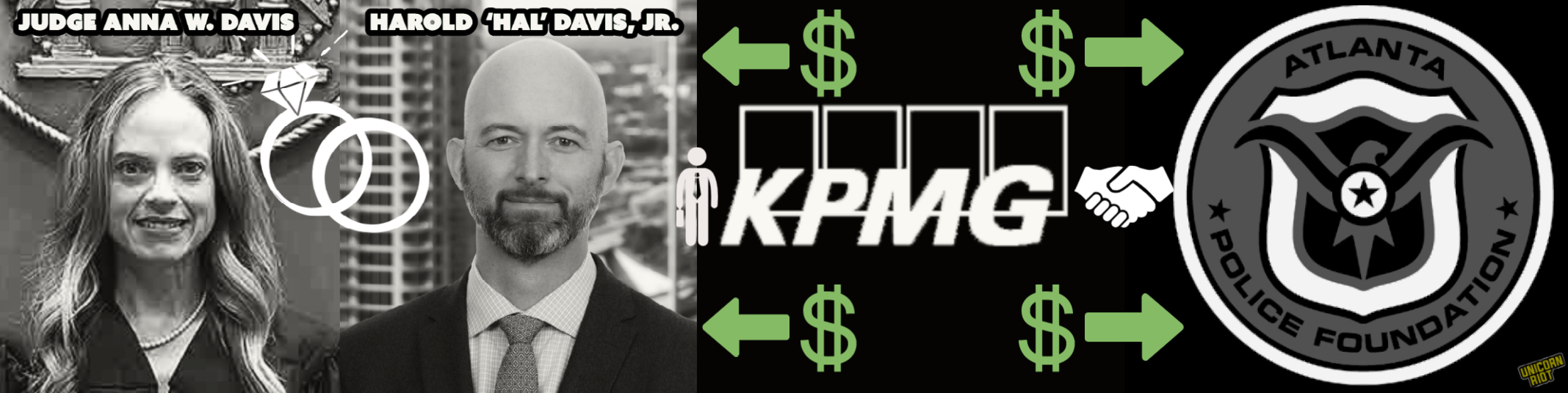 An infographic shows Judge Anna W. Davis's marriage to KPMG attorney Harold Davis, Jr. with a marriage rings symbol overlapping between their two images. Money symbols and arrows then indicate how the KPMG firm is paying both Mr. Davis and the Atlanta Police Foundation. 