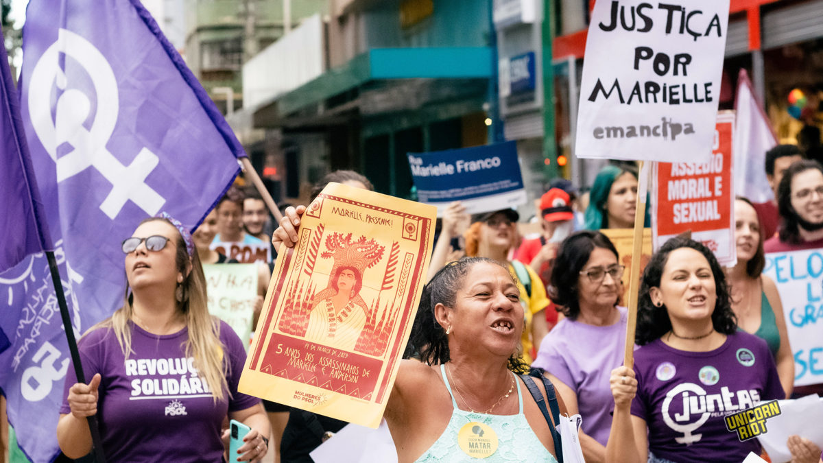 Demonstrators in Ribeirão Preto, Brazil on March 8, 2023, demand an end to violence against women and answers to the killing of Marielle Franco. Photo contributed by EmiciThug.