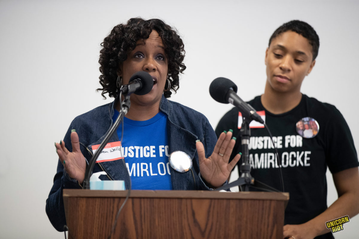Karen Wells, the mother of Amir Locke who was killed by Minneapolis Police in 2022 speaks during a meeting with the UN at the Minneapolis Urban League on May 2, 2023.