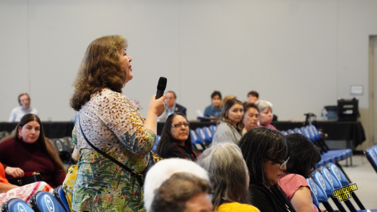 Glenda Barber, Lac Courte Orielle Ojibwe, shares her experience in federal Indian boarding school with the Department of Interior in Onamia, Minnesota on Saturday, June 3, 2023. Photo contributed by Darren Thompson.