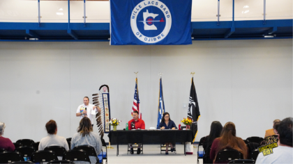 U.S. Secretary of Interior Deb Haaland (right) and Assistant Secretary of Interior Bryan Newland (left) host a "Road to Healing" session in Onamia, Minn. on Saturday, July 3, 2023. Photo contributed by Darren Thompson.