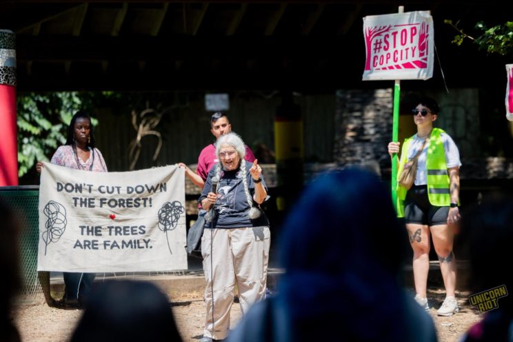 Lorraine Fontana, a white woman with grey hair wearing tan cargo shorts and a black t-shirt with a white design on it, points with her left index finder while speaking into a wired microphone. She’s standing in front of two protesters who are behind her to the viewer’s left holding a banner reading “Don’t Cut Down The Forest! The Trees Are Family.” The banner also features two scribble-style drawings of trees that appear to have been drawn by children or in the style of a child. To the viewer’s right behind Fontana another protester wearing a bright green safety vest is holding up a cloth ‘Stop Cop City’ design attached to a bright green wooden pole - the pole’s color matches their vest almost exactly.