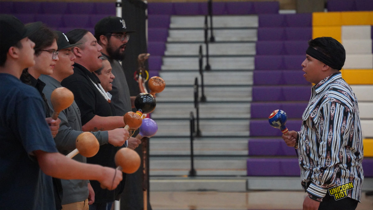 A group of bird singers introduce the "Road to Healing" listening session at the Sherman Indian School in Riverside, California on Friday, August 4, 2023.