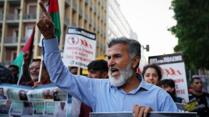President of the Pakistani Community of Greece, Javed Aslam, chanting slogans during a demonstration in Athens, commemorating the one year since the shipwreck of Pylos, which took place on June 14, 2023 and officially killed 82 people, but left hundreds more missing to this day.
